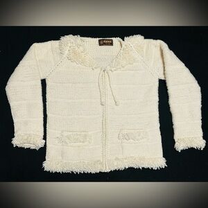 VTG ISHKA Ecuador Ivory Cozy Chunky Wool Knit Zip Cardigan Jacket Sweater O/S